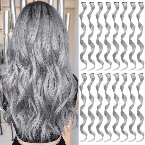 New 16PCS Curly Wavy Grey Streaks Synthetic Hairpiece Clip-in Hair Extensions